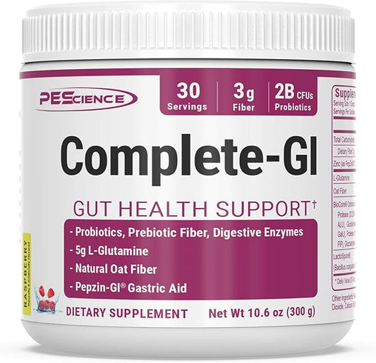 PEScience Complete-GI Gut Health Powder, Raspberry, Probiotics for Women and Men, Digestive Enzymes, Prebiotic Fiber, L Glutamine, Zinc Carnosine, 30 Servings