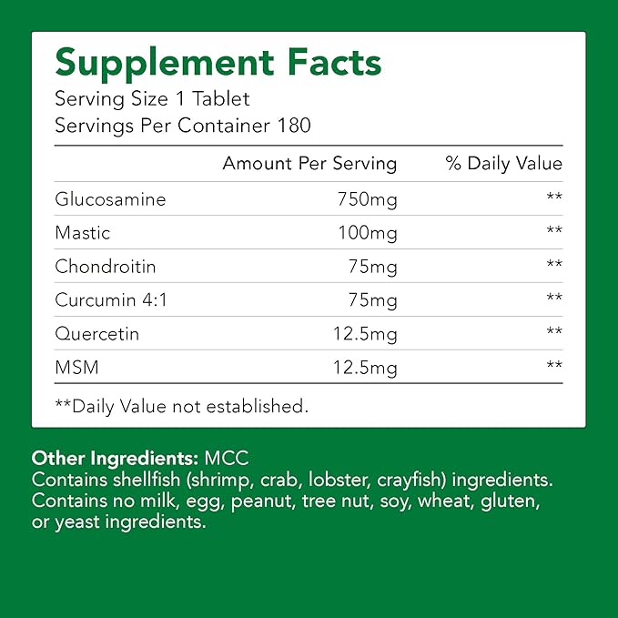Premium Glucosamine + Chondriotin + MSM + Mastic + Curcumin (750mg) | Bone & Joint Health (1 Bottle-180 Capsules-6mo Supply) | Vitamin for Joint Support | Non-GMO & Gluten Free