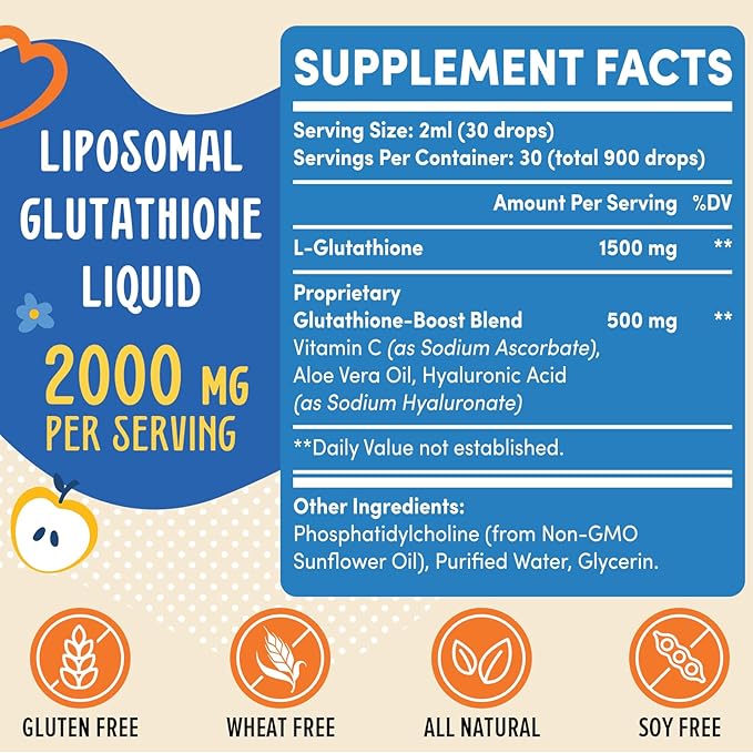 2000MG Liposomal Glutathione Liquid, 98% Absorption, Glutathione Liquid Supplement, Active Form L- Glutathione, Powerful Antioxidant Complex for Immune System, Aging Defense, Detox,8 FL.OZ
