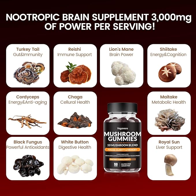 Mushroom Gummies - 10x Mushroom Blend - Mushroom Complex - Mushroom Supplement (90 Chews) Classic Coke