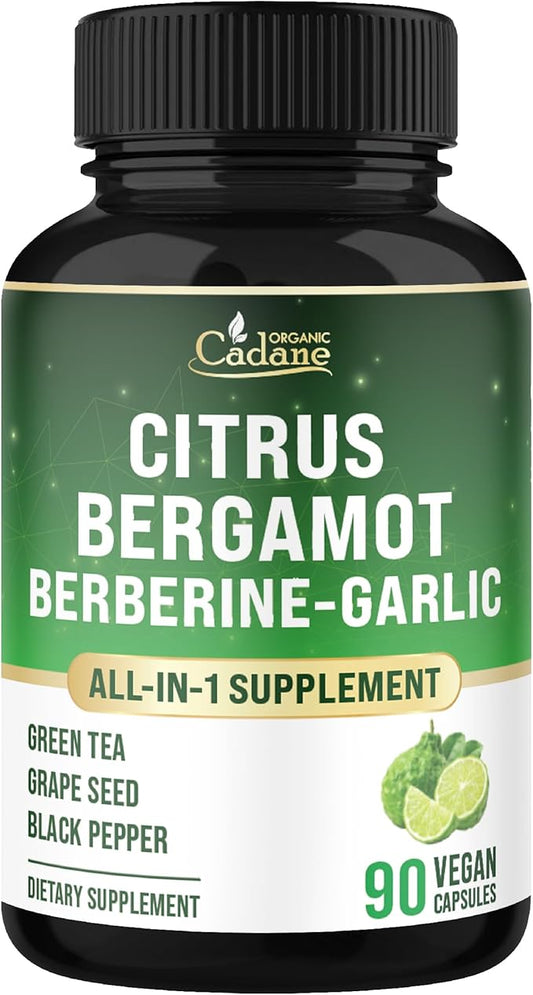Organic Cadane Citrus Bergamot Supplement with Berberine, Garlic, Green Tea, Grape Seed & Black Pepper | Wellness & Vitality Support | Vegan, Non-GMO – 90 Capsules – 45-Day Supply
