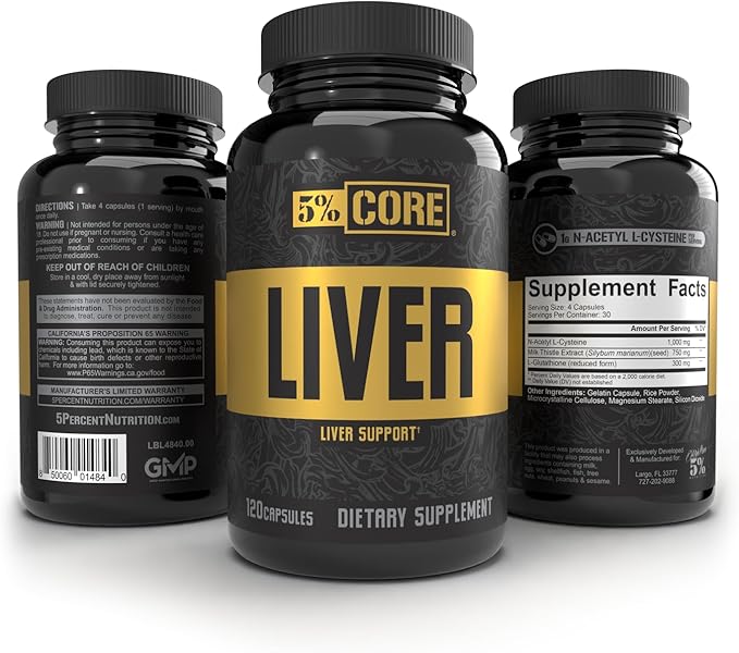 5% Core Liver Support | NAC (N-Acetyl L-Cysteine) 1000mg, Milk Thistle 750mg, L-Glutathione 300mg | Liver Cleanse Detox & Repair Supplement (30 Capsules)