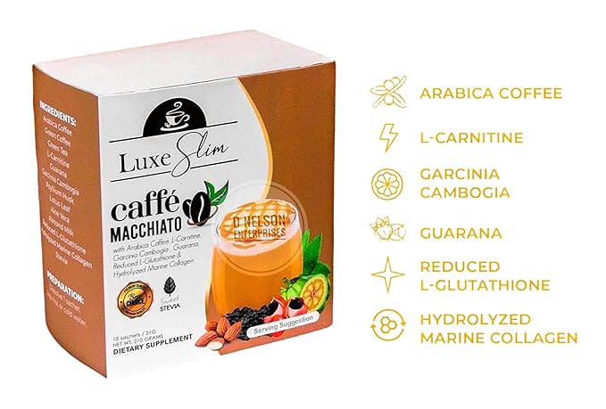 Luxe Slim Cafe Macchiato with Hydrolyzed Collagen & Glutathione, 21g x 10 Sachets, 0.74 Ounce (Pack of 10)