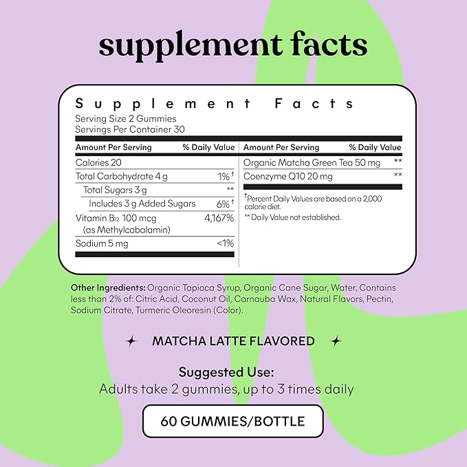 Lemme Matcha Superfood Energy Gummies with Organic Matcha Green Tea, Vitamin B12 and Antioxidant CoQ10 to Support Cellular Energy, Metabolism & Healthy Skin - Gluten Free, Non GMO (60 Count)