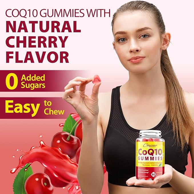 CoQ10 Gummies with PQQ - 400 MG Coenzyme Q10 High Potency, Enhanced with Ayurvedic Herbs, Adaptogenic Mushroom Blend & Probiotics for Heart, Brain, Energy, Immunity, Cherry Flavor, 120 Vegan Gummies