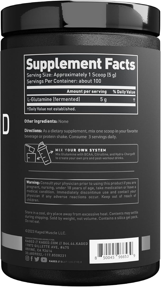 Kaged Muscle, L-Glutamine Powder 500 Gram, Vegan, Support Muscle Recovery, Post Workout, Glutamine, Banned-Substance Free, Unflavored, 100 Servings