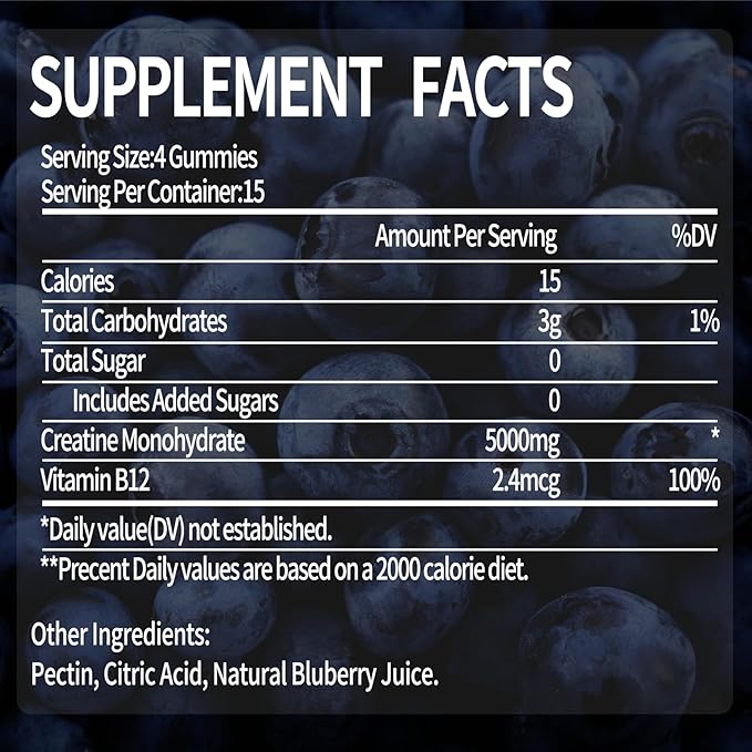 (2Pack,120 Count) Creatine Monohydrate Gummies for Men & Women 5000mg, Chewable Creatine Monohydrate with W/L-Taurine + Vitamin B12 for Muscle Support, Energy Boost - Sugar Free,Vegan (Blueberry)