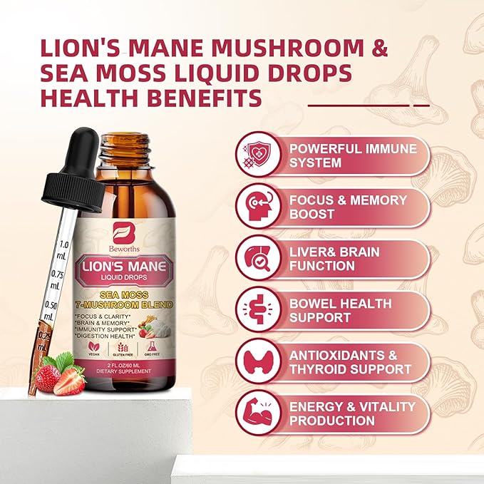Lions Mane Supplement Mushroom Drops with 6-Mushroom Complex & Irish Sea Moss – Vegan Lion's Mane Liquid for Cognitive Support, Immune & Digestive Health – Dual Extraction, Non-GMO, Strawberry Flavor