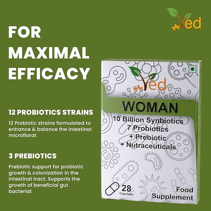 Ved Woman Complex Probiotics and Prebiotics Complex - 10 Billion CFU - 20 Live Bacterial Cultures - 28 Probiotic Complex Capsules for Woman- Lactobacillus crispatus, Silicon Dioxide.