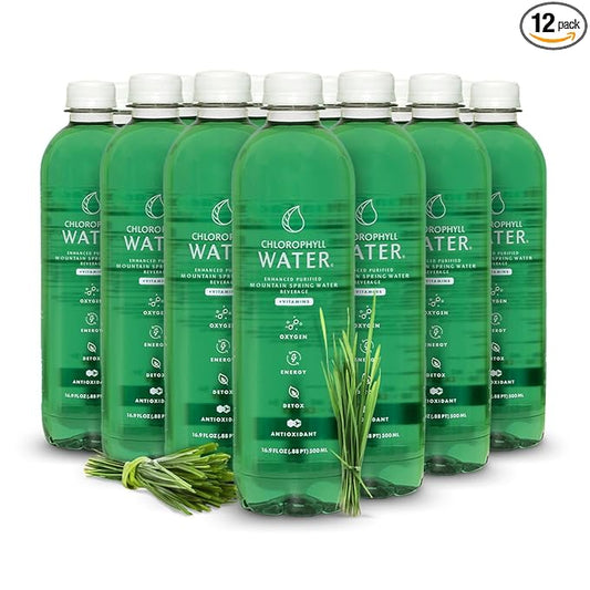 Chlorophyll Water Purified Mountain Spring Water w/Liquid Chlorophyll & Vitamins A, B12, C, D | Plant Based | Antioxidants, Detox Water, Energy Boost, Immune Support 12pk