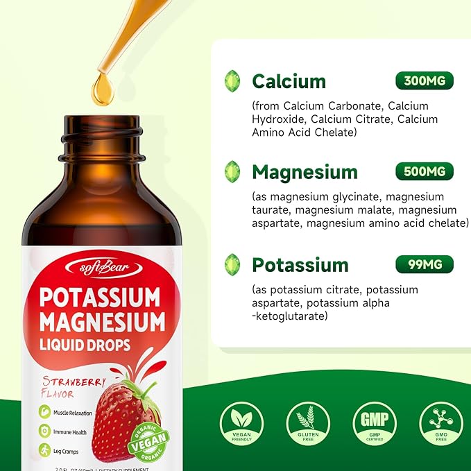 softbear 2 Pack Calcium Potassium Magnesium Liquid Drops, High Absorption Calcium Magnesium Potassium Supplement Support Bone & Muscle Health Liquid Magnesium Drops Strawberry Flavor 4 Fl Oz