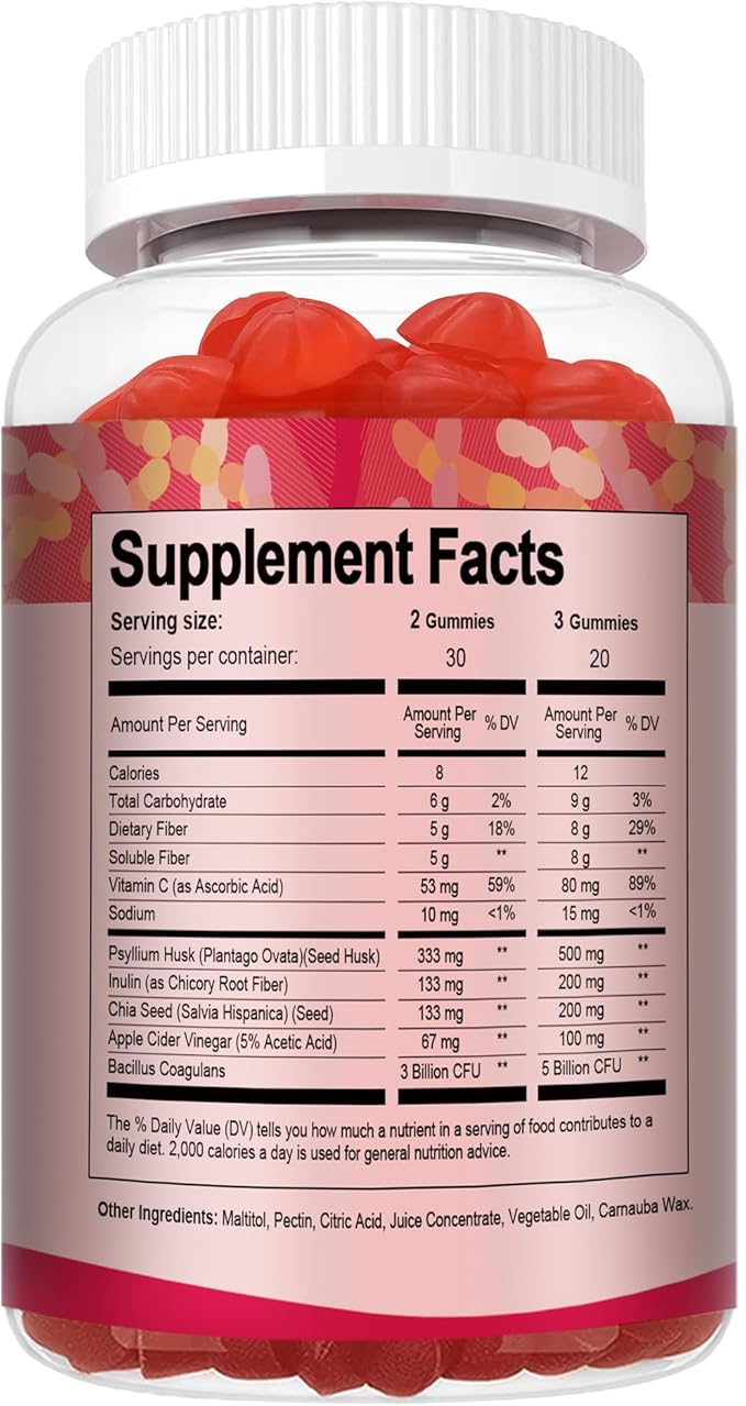 9-in-1 Probiotic Fiber Gummies for Adults & Teens 16G Fiber per Serving, Psyllium Fiber Supplement with 5 Billion CFU Bacillus Coagulans, Inulin, ACV for Digestive, Gut & Immune Wellness - 60 Gummies