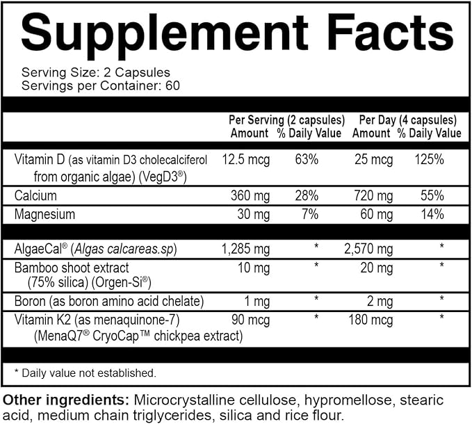 NatureCity True-Osteo Plant-Based Supplement for Bone Strength | AlgaeCal Calcium & Magnesium, Plant-Based Vitamin D3, Vitamin K2, Silicon| Gentle on Stomach (120 Veggie Capsules)