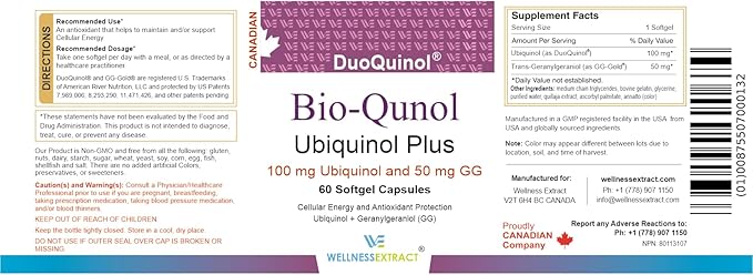 BioQuinol Ubiquinol (CoQ10) with Geranylgeraniol – Master Antioxidant for Heart Health, Cellular Energy 150mg 60 Softgels