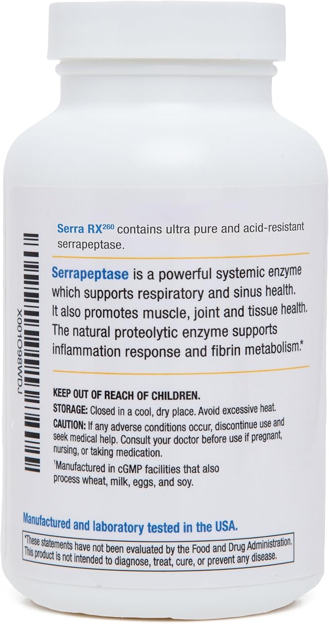 Serra-RX 260,000 SU Serrapeptase - 120 Veg Capsules Acid-Resistant Proteolytic Systemic Enzyme, Non-GMO, Gluten Free, Vegan, Supports Sinus, Immune & Lung Health