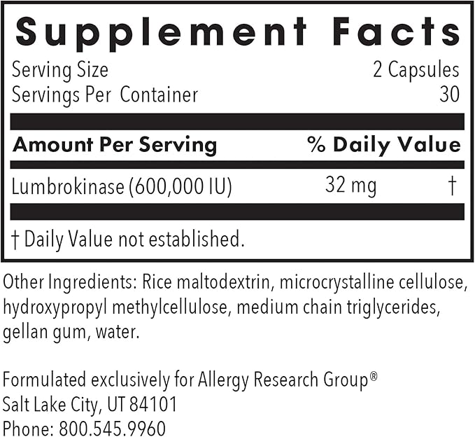 Allergy Research Group Lumbrokinase Supplement - Circulatory System Support, Supports Blood Circulation Already in The Normal Range - 60 Delayed Release Vegetarian Capsules