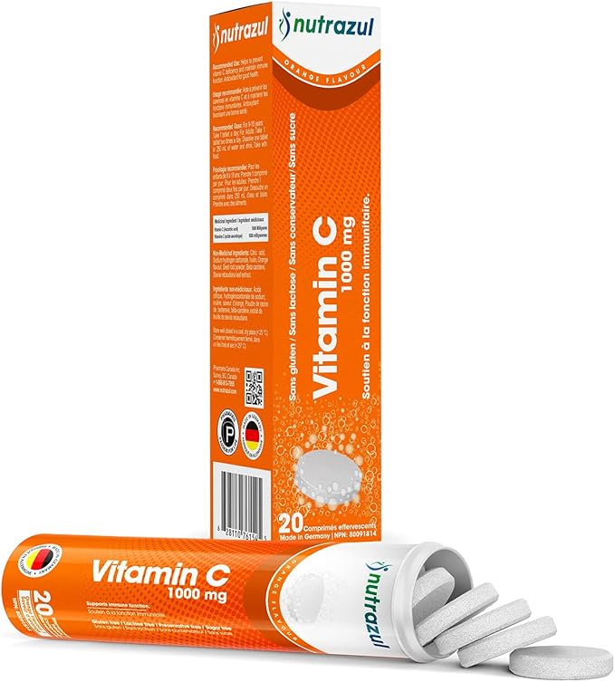 Nutrazul Vitamin C 1000mg Effervescent Tablets- Orange 20’s | 20 Days Supply | Gluten Free, Lactose Free, Sugar Free & Preservative Free | Maintains Immune Function