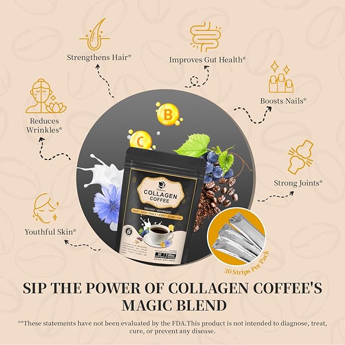 Instant Collagen Coffee with Vitamin C, B7, B9, Collagen Peptide Powder with Reseratrol, Carnosine for Hair Skin Nails Bones