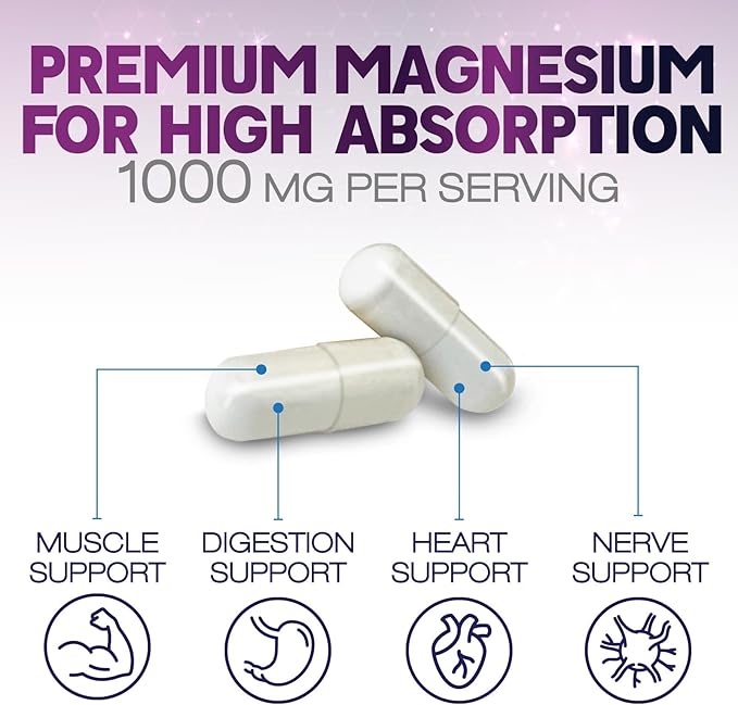 Magnesium Citrate Capsules 1000mg - Max Absorption Magnesium Powder for Muscle, Nerve, Bone and Heart Health Support, High Absorption Citrate Complex, Gluten Free, Non-GMO - 180 Capsules
