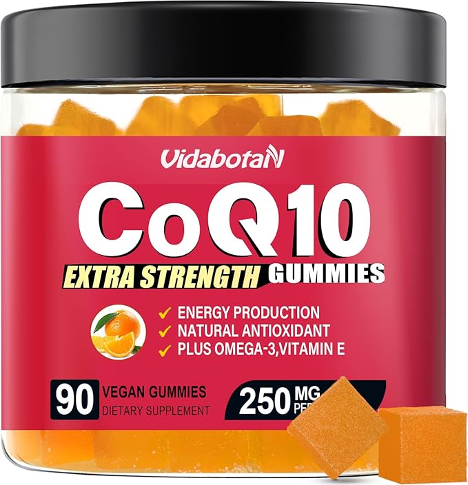 Sugar Free Coq 10 Gummies 250mg with Vitamin E, Omega-3, High Absorption Coenzyme Q10 Supplements for Heart, Energy & Antioxidant Support,Orange Flavor, Vegan, 90 chewable Gummies