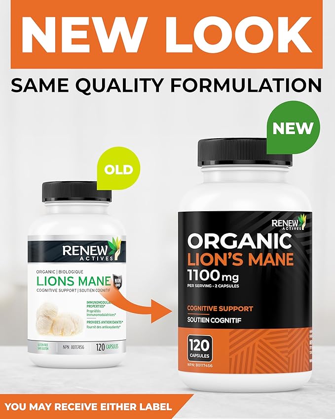Renew Actives Premium Organic Lion's Mane Mushroom 1100MG per 2 Capsules - Supports Brain Function, Memory, Focus, Stress Relief & Immune Health, Non-GMO, Vegan - Made in Canada - 120 Capsules