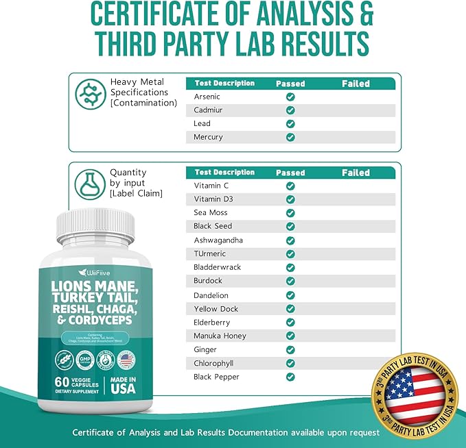 Lions Mane 3000mg Turkey Tail 3000mg Reishl 1000mg Chaga 1000mg Cordyceps Powder Extract Containing Maitaake Shiitake Black Fungus,Brain Supplement, Mineral Supplements, 60 Capsules