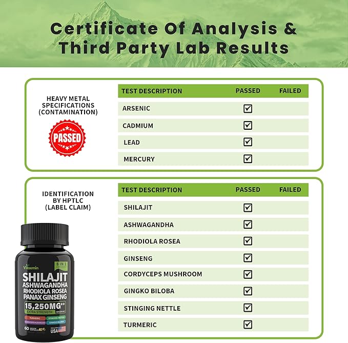 Shilajit and Ashwagandha Capsules, 8-in-1 Herbal Multivitamin for Men and Women, with Rhodiola Rosea, Ginseng, and Stinging Nettle, Shilajit for Men and Women