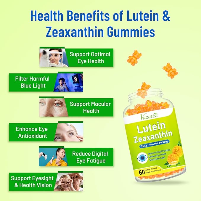 Eye Vitamins Lutein & Zeaxanthin Gummies, Sugar Free Eye Health Supplements with Bilberry, Astaxanthin - Support Blue Light, Visual Function and Macular Health - Mango Flavored, 120 Count