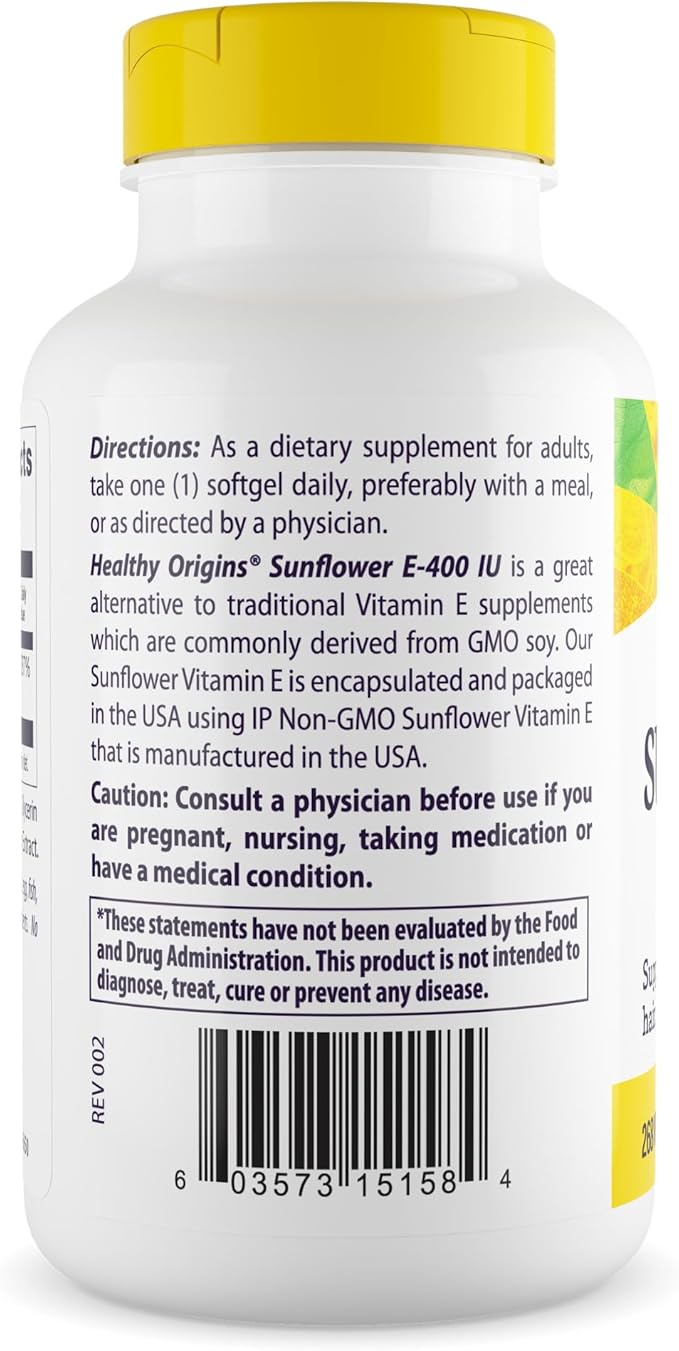 Healthy Origins Sunflower Vitamin E-400 IU (Non-GMO, Gluten Free, Soy Free, Hair Support, Nail Support, Skin Support, Cardiovascular Support), 120 Softgels