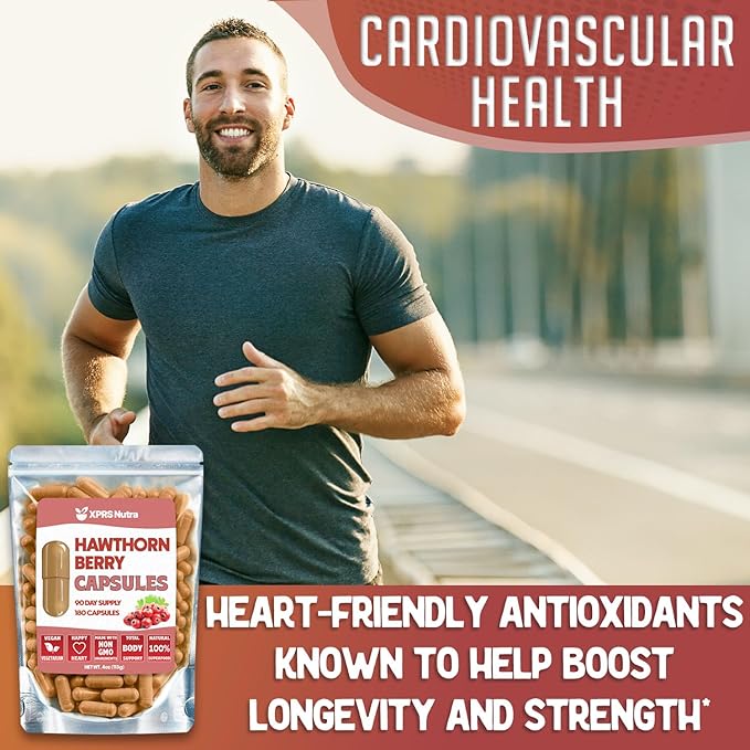 XPRS Nutra Hawthorn Berry Capsules - 180 Count (90 Day Supply) of Premium USDA Hawthorne Berry Capsules for Cardiovascular Support - Vegan Friendly Hearth Health Supplement