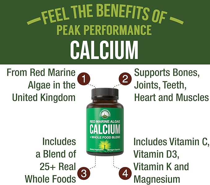Plant Based Calcium - Red Marine Algae Calcium Supplement with Vitamin C, D3, K, Magnesium, and Whole Food Vegetable Blend. Vegan Capsules for Bones and Joints. 120 Pills, Tablets