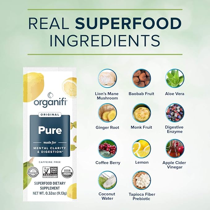 Organifi: Pure Smart Packs - Organic Brain and Immunity Support - Revitalizes Daily Mental Focus - Lemon Flavor, 3 Pack