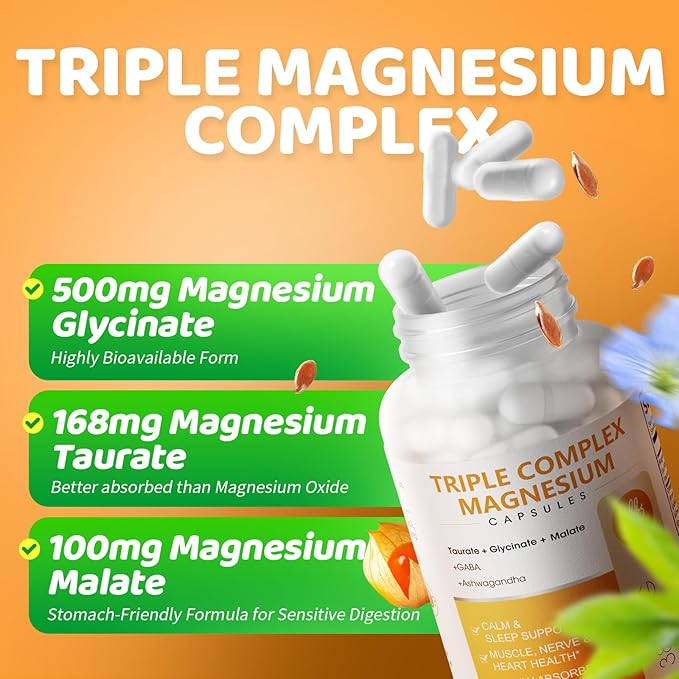 Triple Magnesium Complex - Magnesium Glycinate, Taurate & Malate Supplement with Omega3, Ashwagandha, GABA, for Sleep, Muscle, Brain & Heart Support - High Absorption and Gentle, Vegan, 120 Capsules