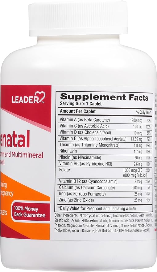 LEADER PreNatal Vitamins, 365 Caplets, Daily Nutritional Support for Expectant Mothers, Essential Nutrients, Folic Acid, Iron, DHA