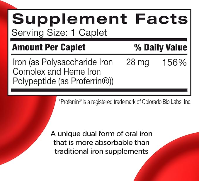 Feosol Complete Iron Supplement Caplets, Bifera Iron for High Absorption, Heme and Non-Heme Dual Action Minimizes Side Effects, 1 Per Day, for Energy and Immune System Support, Made in USA, 30 Count