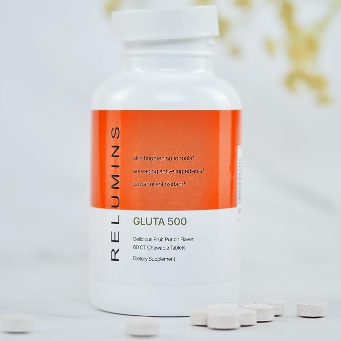 Relumins New Gluta 500 - Chewable/Sublime Wall Glutathione Complex with Advanced Skin Nutrition - Hyaluronic Acid, VIT C, Biotin Plus 4 Powerful Actives - Fruit Punch Flavored 60CT x 2 Bottles