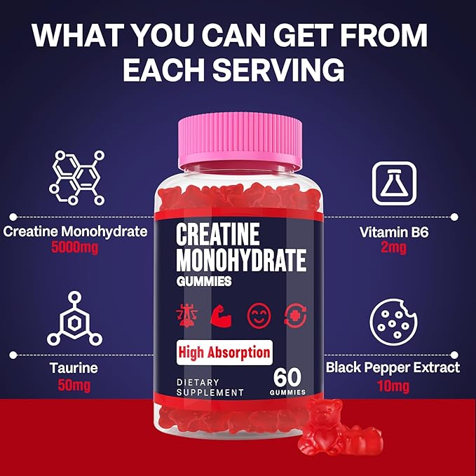 Creatine Monohydrate Gummies for Women & Men, Taurine & B6, Chewable Creatina Pre Workout Gummies for Max Strength & Muscle Growth, Energy, Endurance, Creatine for Men & Women - 2 Packs
