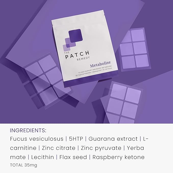 Metabolise Patches | 30 Topical Patches | Waterproof | Ingredients Including 5HTP, Guarana Extract, L- carnitine and Lecithin | Lasts 12-24 Hours