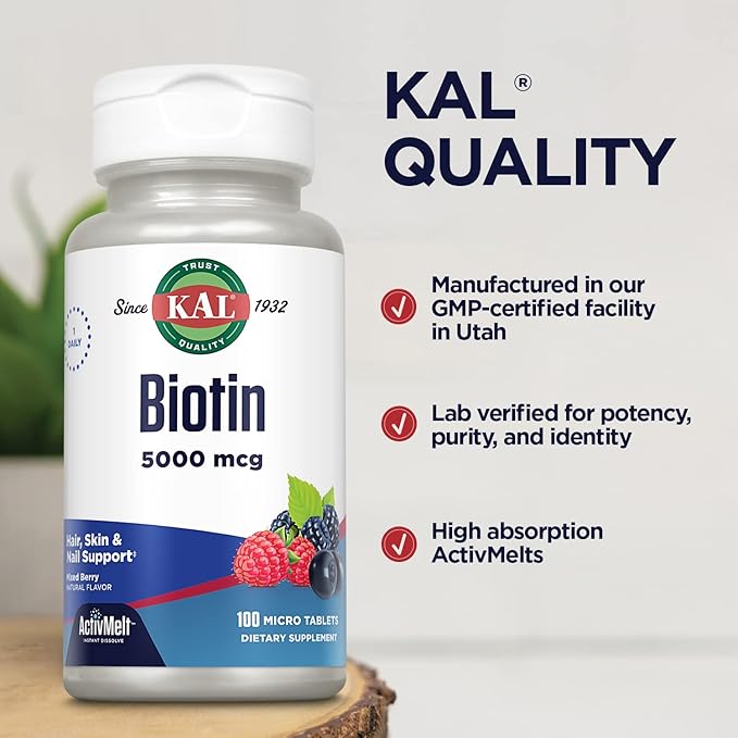 KAL 5000 Mcg Biotin Tablets, Mixed Berry, 100 Count