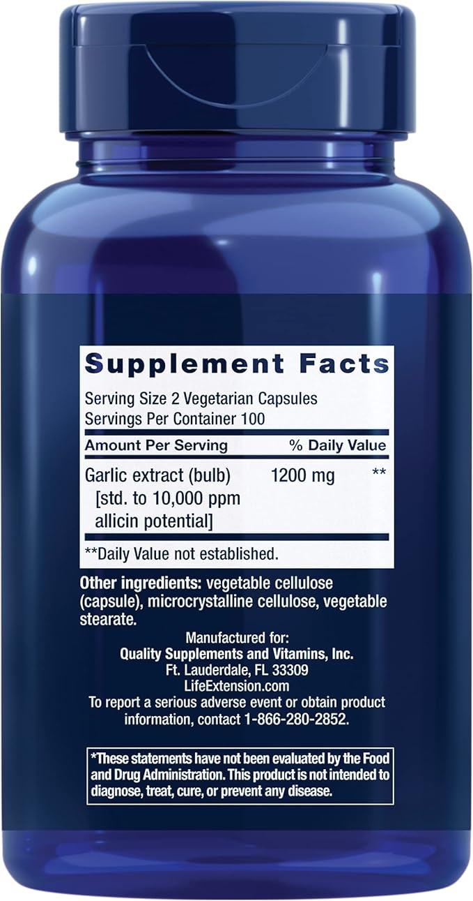 Life Extension Optimized Garlic, standardized Capsules for Heart Health, Immune Support, Cellular detoxification and Healthy platelet Function, Gluten-Free, Non-GMO, Vegetarian, 200 Capsules