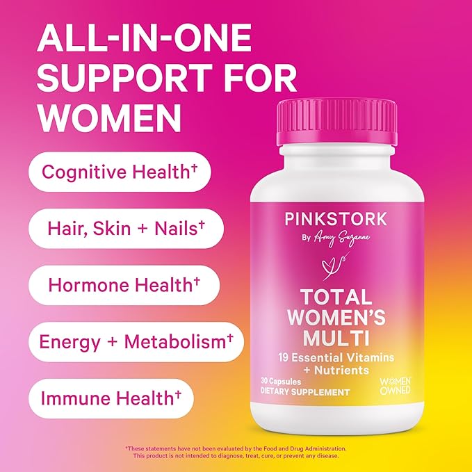 Pink Stork Total Women's Multivitamin - Supports Hair, Skin, Nails, Bone Health & Immune System - Includes B6, B12, Biotin, Iron & Zinc - Premium Women's Vitamins - 30 Capsules