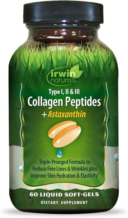 Irwin Naturals Collagen Peptides + Astaxanthin, Type I, II & III, 60 Liquid Soft-Gels