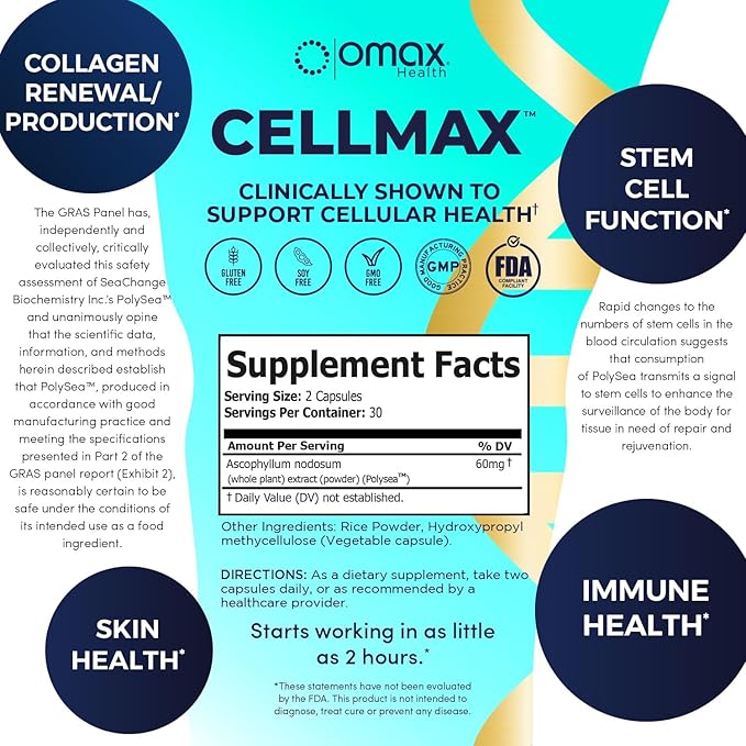 Cellmax - Supports Cellular Health, Clinically Proven, PolySea Seaweed Extract, Antioxidant Protection, Promotes Collagen Production, Boosts Immune Function, Sustainable & Pure Formula