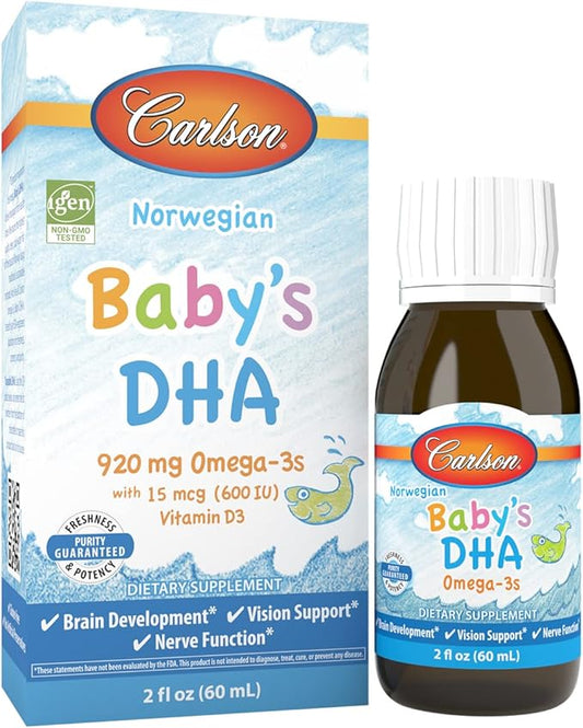 Carlson - Baby's DHA, Liquid DHA Baby Supplement, 1100 mg Omega-3s + 400 IU Vitamin D3, Brain Development, Vision Support & Nerve Function, Omega-3 Liquid for Babies, Baby Fish Oil, 60 mL