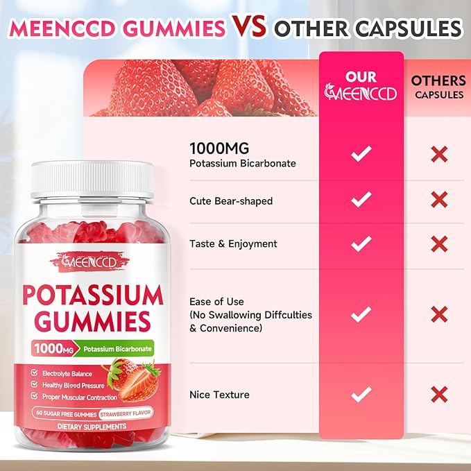 2 Pack Potassium Gummies 1000mg, Potassium Bicarbonate Supplement for Adults & Kids, Potassium Supplement for Electrolyte Balance & Muscle Heath, Sugar-Free, Strawberry Flavor, 120 Count