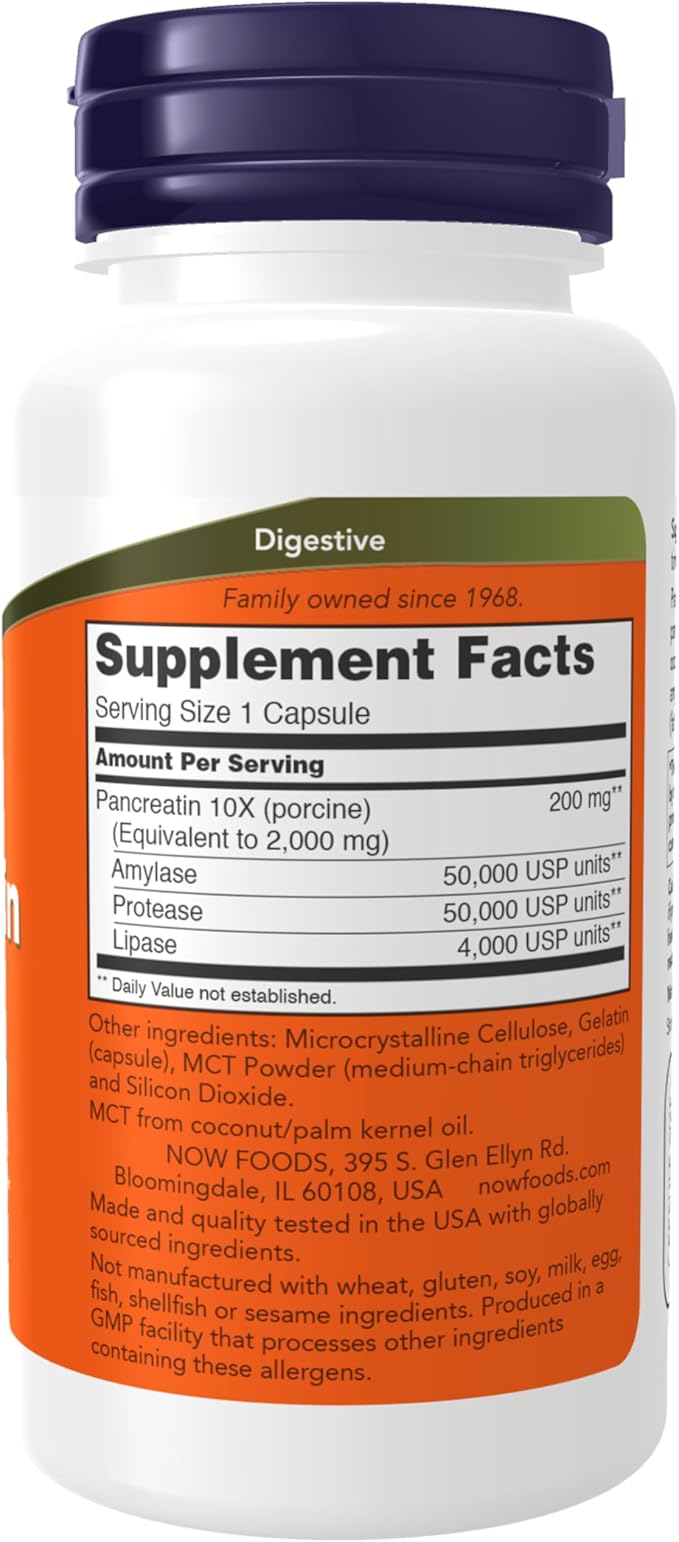 NOW Supplements, Pancreatin 10X 200 mg with naturally occurring Protease (Protein Digesting), Amylase (Carbohydrate Digesting), and Lipase (Fat Digesting) Enzymes, 100 Capsules