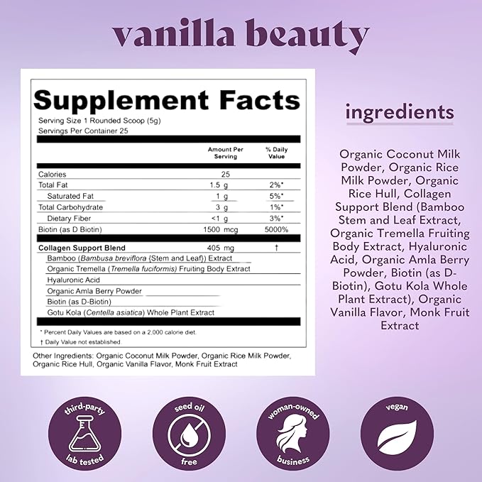 Vanilla Beauty Vegan Collagen Booster Creamer: Plant Based Collagen Support Smoothie Drink Vegan Creamy Blend | Vanilla Flavor | 1 Bag - 25 Servings per Bag