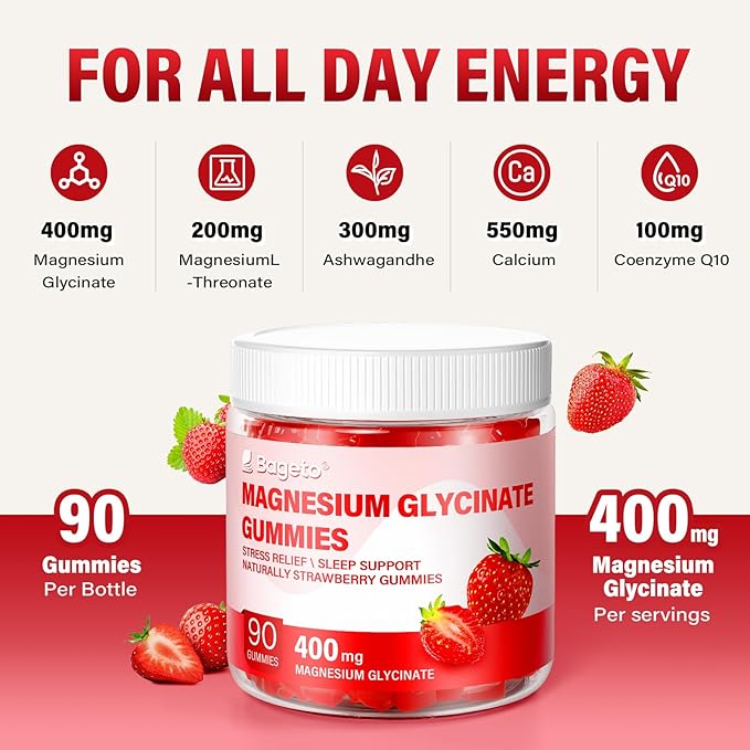 Magnesium Glycinate Gummies Sugar Free 90 for Adults & Kids,400mg Chewable Magnesium Gummies with 200mg L-Threonate,Ashwagandha,Vitamin D,B6,B12,Calcium for Sleep,Stress & Muscle,Relief,Strawberry
