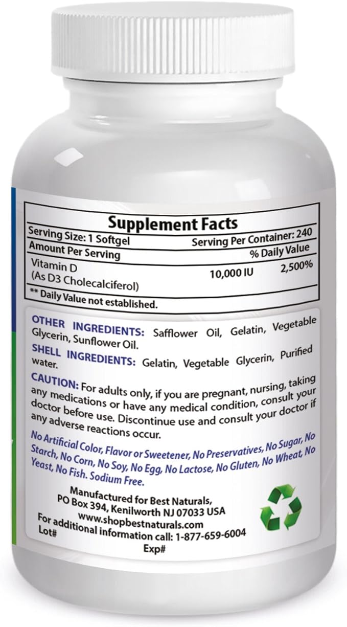 Best Naturals Vitamin D3 10000 IU Softgel, 240 Count