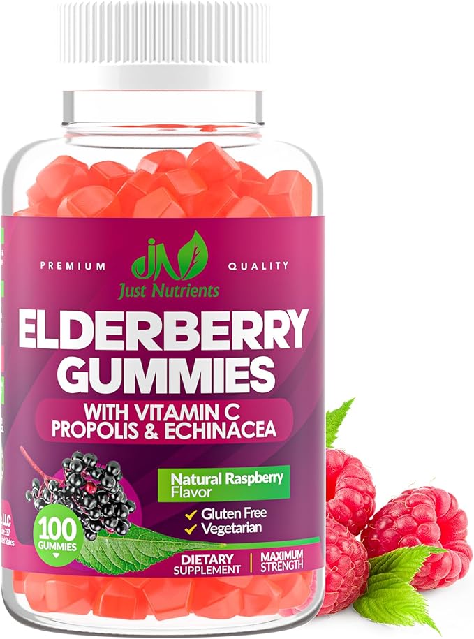 Elderberry Gummies with Vitamin C, Echinacea, Propolis (100 count) - Immune Support for Adults & Kids - Maximum Strength, Great Tasting Raspberry Flavor - Gluten-Free, Vegan - 100 Gummies